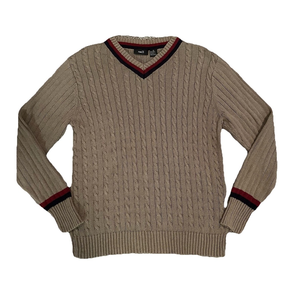 Y2K Cable Knit Varsity‎ Sweater Men's XL Striped V Neck Preppy Fisherman's